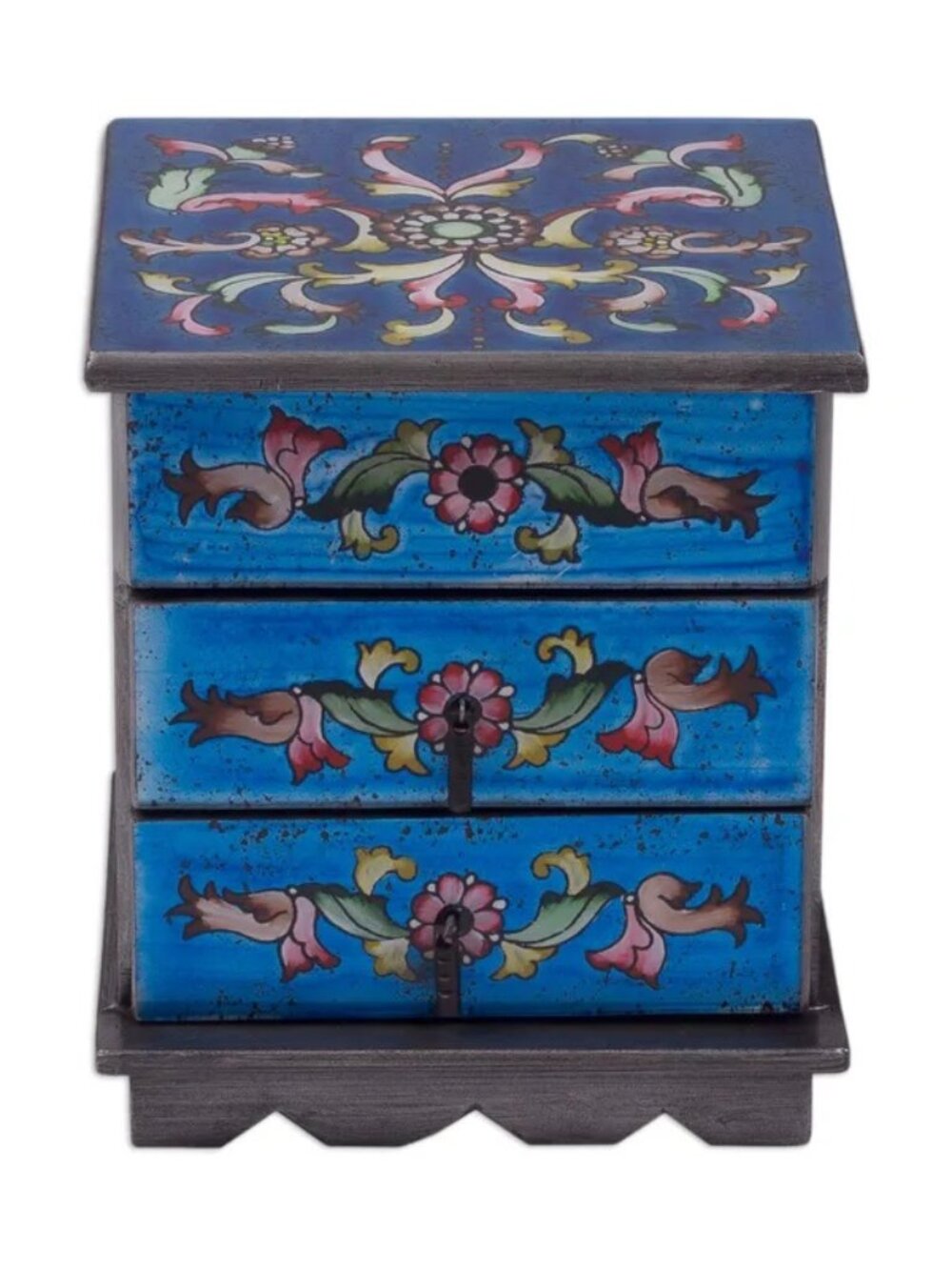 Novica Celestial Blue Reverse Painted Glass Jewelry Box Chest with Mirror New!